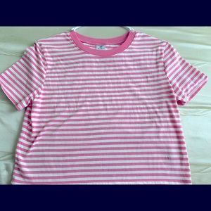 Pink and white striped cropped shirt
